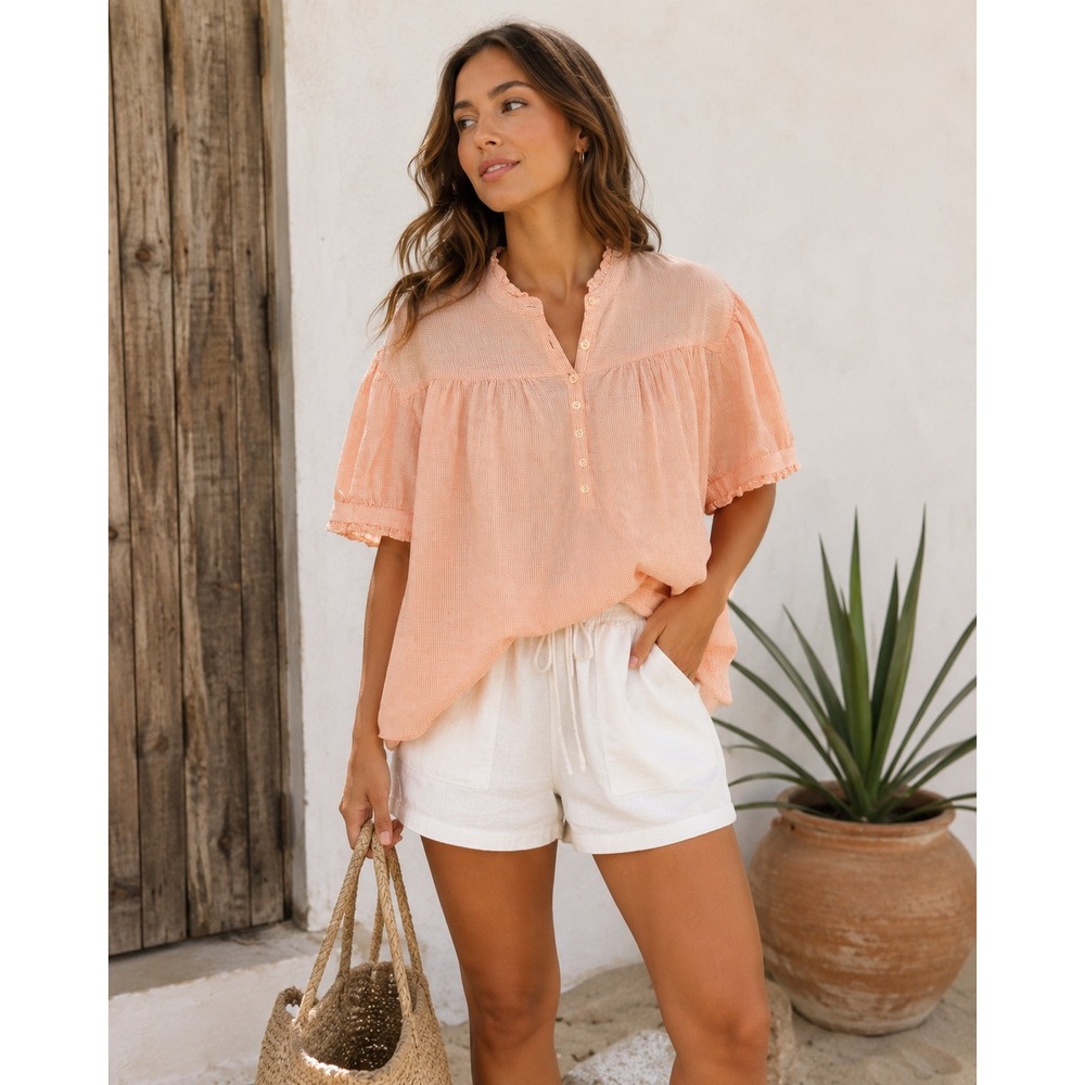Esby Top Women S Orange Cotton Linen Ruffle Neck Boho Oversize Coastal Lagenlook